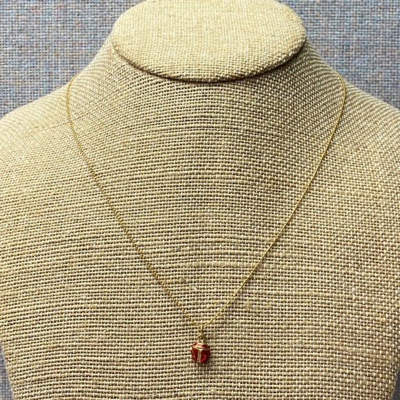 Charming 10K Gold Italian Chain Red Enamel Ladybug Charm Necklace Lucky Pendant - Picture 2 of 9